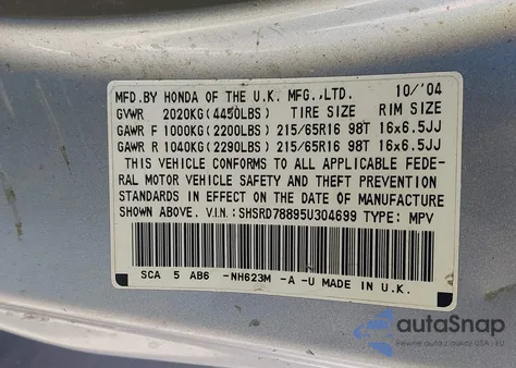 2005 Honda Cr-V Ex from USA, damaged, VIN SHSRD78895U304699